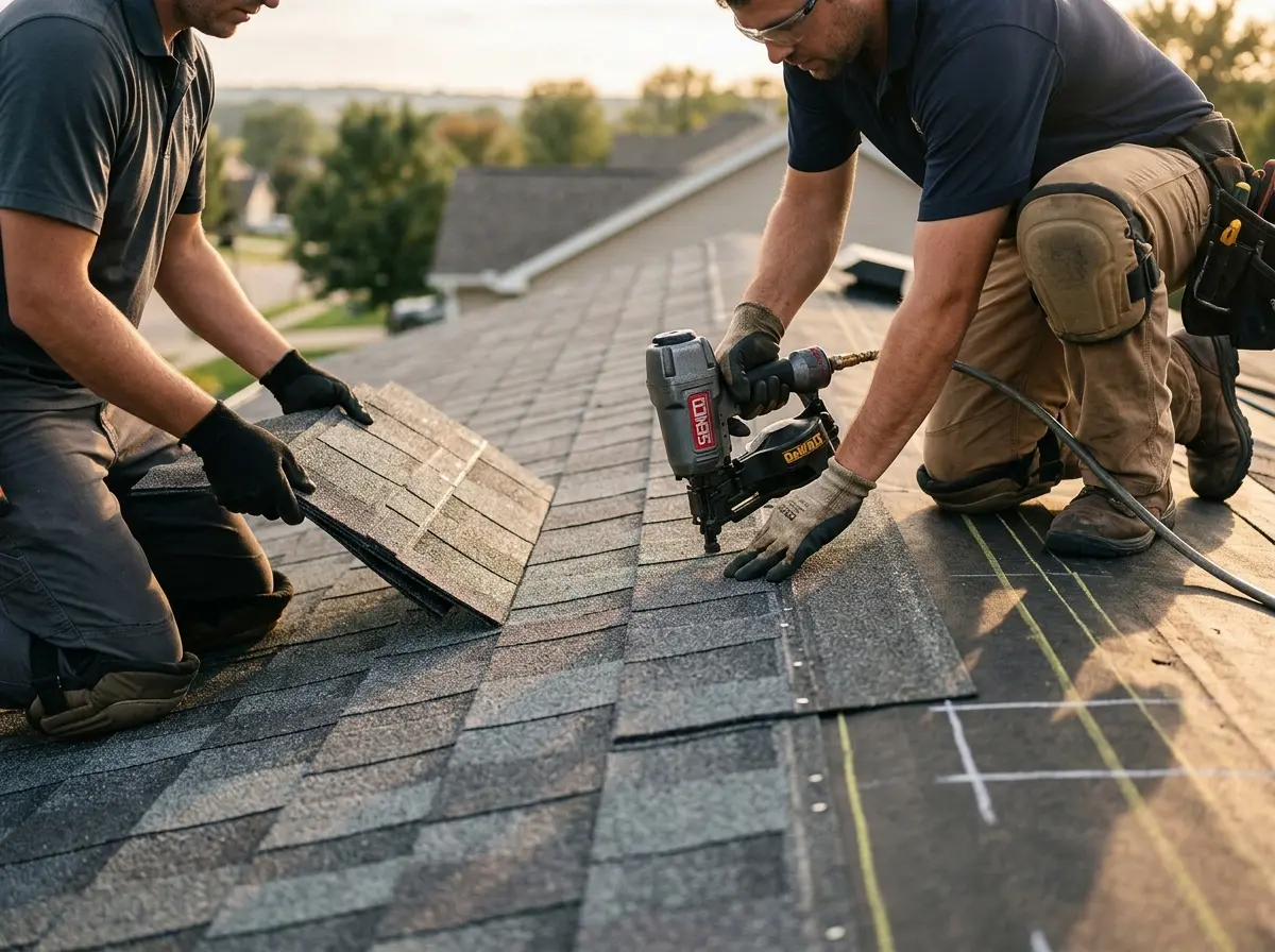 Professional roofer working on a residential roof in Mill Creek